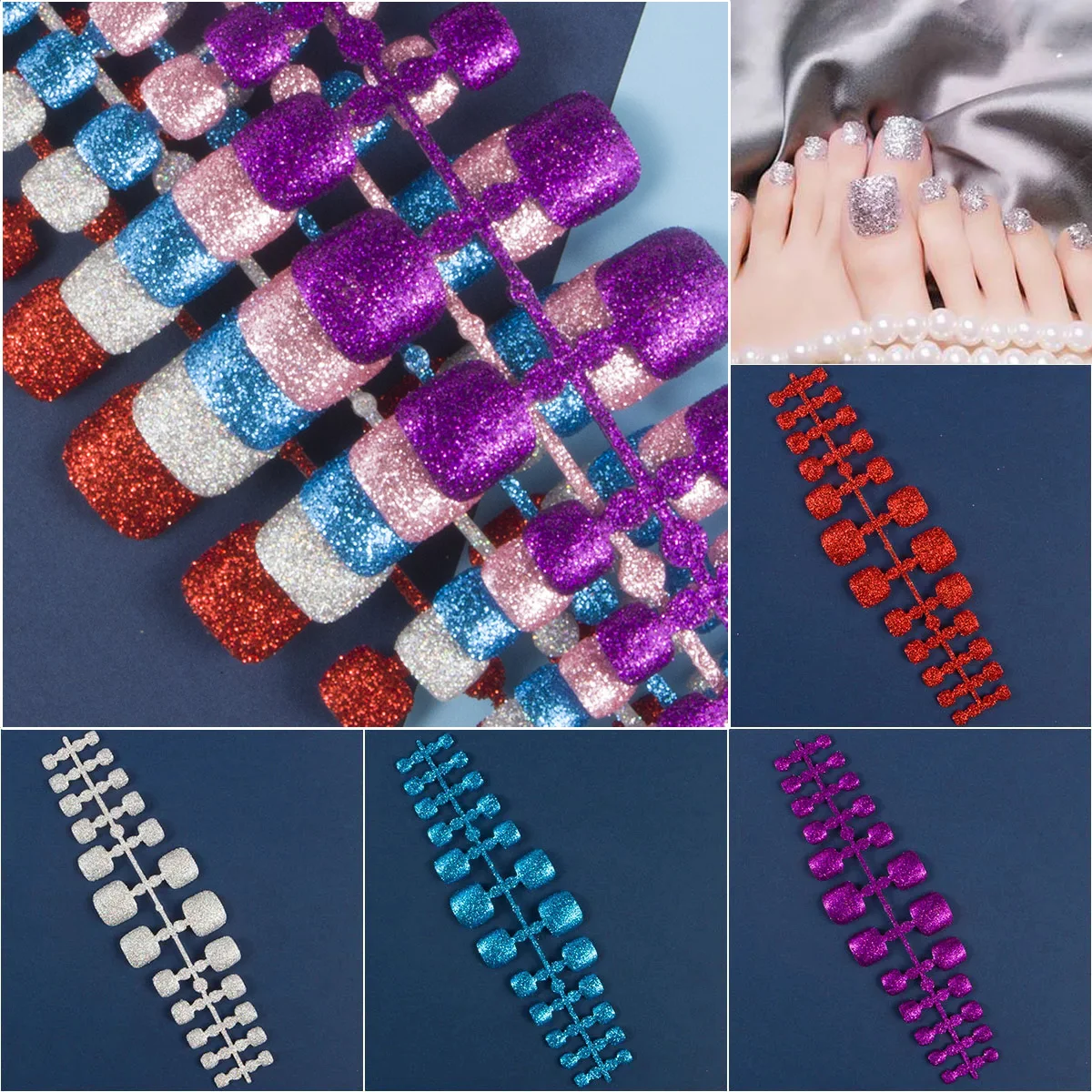 

120pcs 5 Row/Pack Glitter False Toenail Tips Fake Toe Nail Art Tip Bling Press on Toe Nails Full Cover Nail For Toes