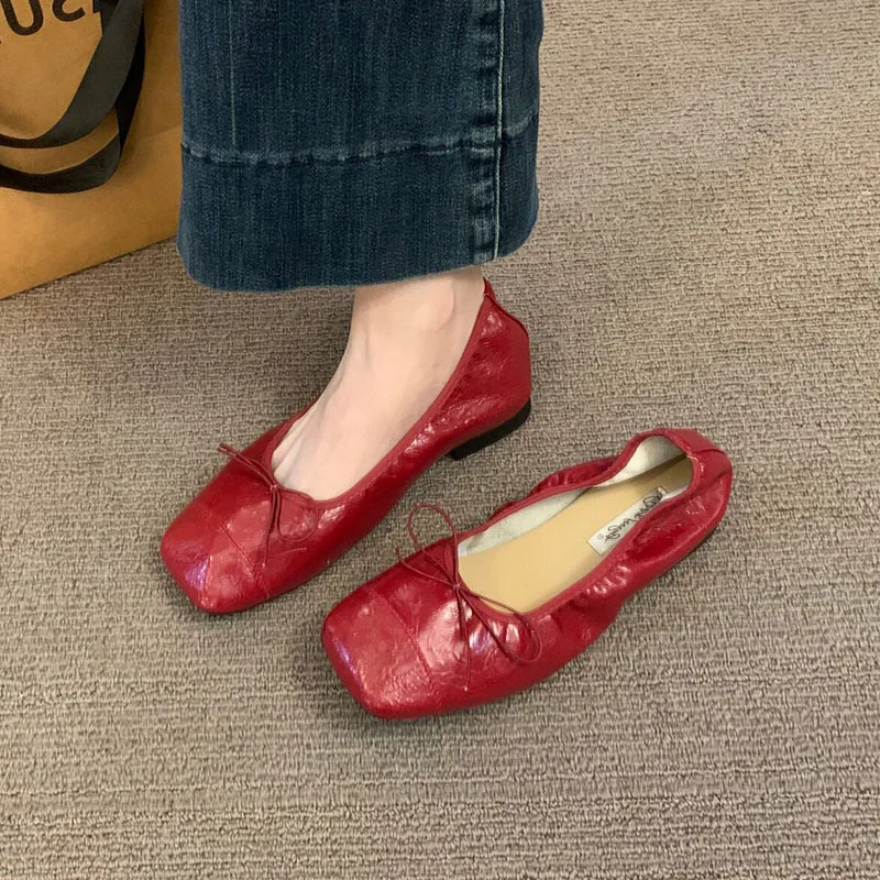 Modische Damen-Ballerinas mit Schleifenknoten, Weiche Tanzschuhe mit Quadratischer Zehenpartie, Neue Frühlings- und Herbst-Slipper für Damen – Detail 3