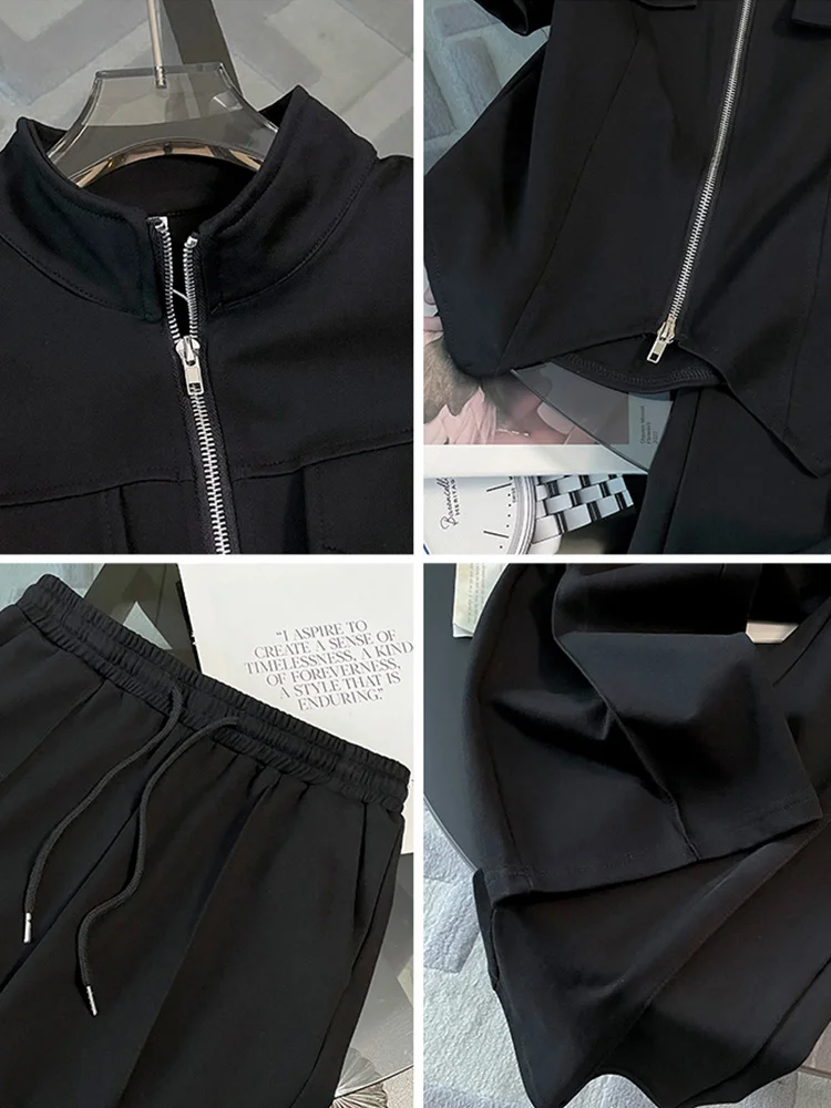 Mode rosa Hose zweiteiliges Set für Frauen 2023 Sommer kurz ärmel ige Reiß verschluss Tops elastische Taille Freizeit hose Sport schwarzen Anzug