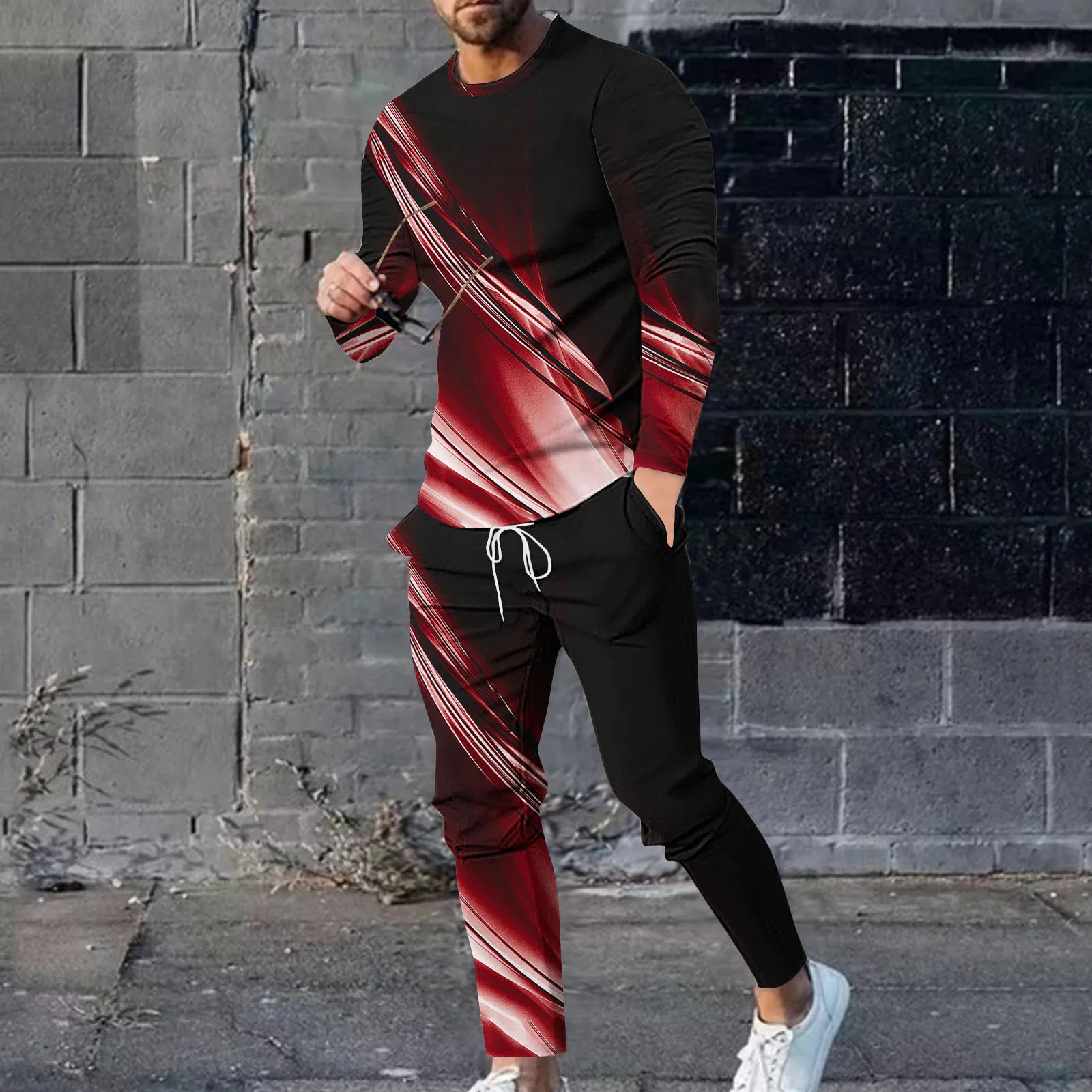 Herren Übergroßes T-Shirt mit Kontrastbesatz Rundhals Langarm 3D-Druck Zweiteiler Set Weich Locker Hip-Hop Street Casual Alltag Herbst – Detail 3