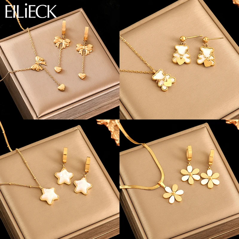 

EILIECK 316L Stainless Steel Star Flower Bear Necklace Earrings For Women Girl New Trendy Waterproof Jewelry Set Party Gift