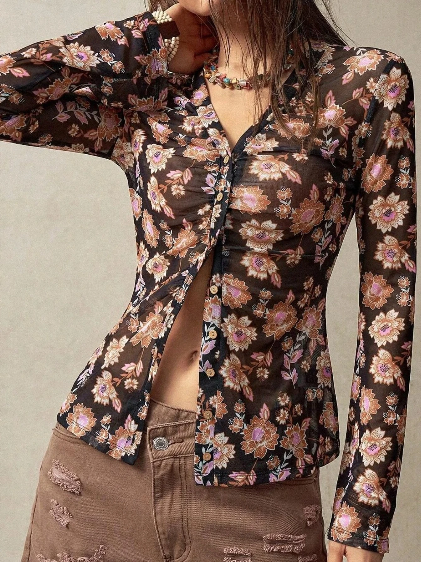 

Blouse Fall TopsWomen Autumn Slim Fit Shirt Long Sleeve Shirt V-neck Button-down Elegant Floral