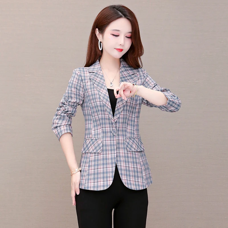 LadyPlaid Suit Temperament Jacket Slim Women's Clothing 2022 Spring And Autumn New Casual Fashion Short Women's Long-sleeved Top