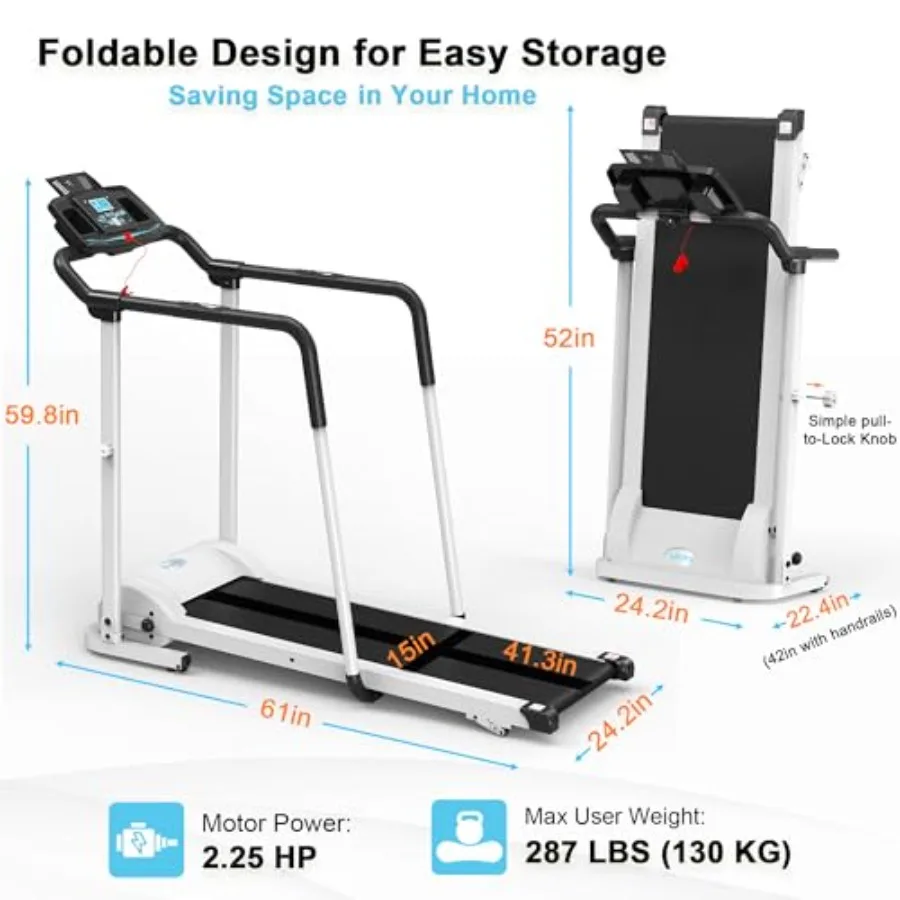 Advanced Rehab Walking Treadmill with 2.25HP Motor, Long Handrails for Balance, 287 LB Capacity, 0.4-8.0 MPH, 3-Level Incline,