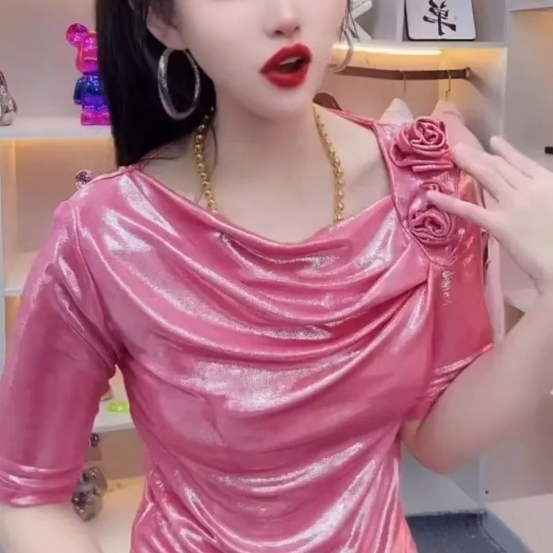 

Женская модная тенденция, элегантные простые пуловеры, новый стиль, топы с короткими рукавами и галстуком в виде цветов, плиссированная яркая футболка нестандартной формы