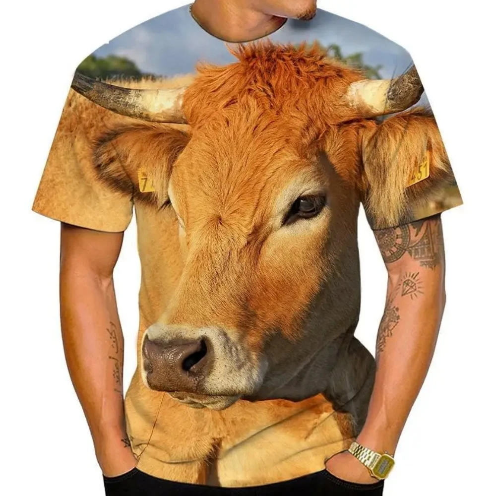 Funny Cow Graphic Men's T-Shirt 3D Animal Print Summer Short Sleeves Loose Lightweight Tops Outdoor Casual O-Neck Men's Clothing