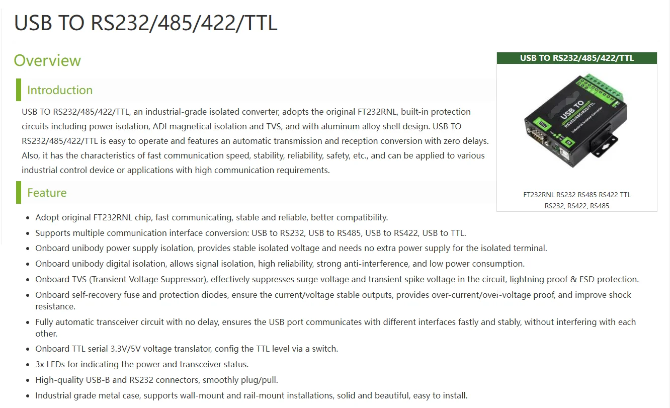 USB-zu-RS232/RS485/RS422/TTL-Konverter, industrieller Isolationstyp, FT232RNL-Chip-Schema – Detail 1