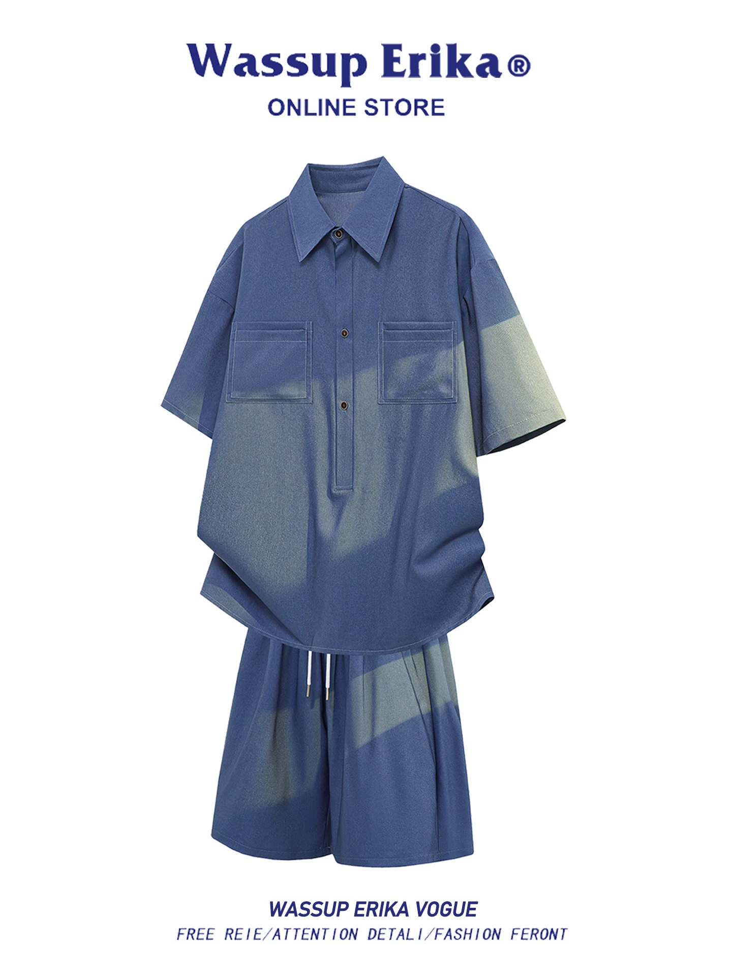 wassup-erika-blue-vintage-workwear-casual-set-men's-summer-turn-down-collar-shirt-shorts-two-piece-set-polyester-fabric