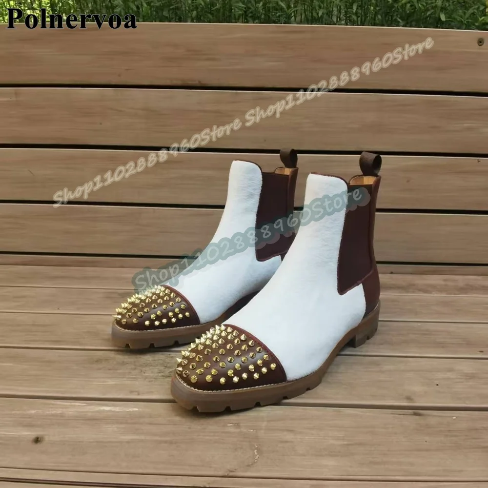 

Casual Mixed Patchwork Rivets Men Boots Flats Handmade Shoes For Men Trendy Slip On Formal Fashionable Banquet 2026 Men Boots