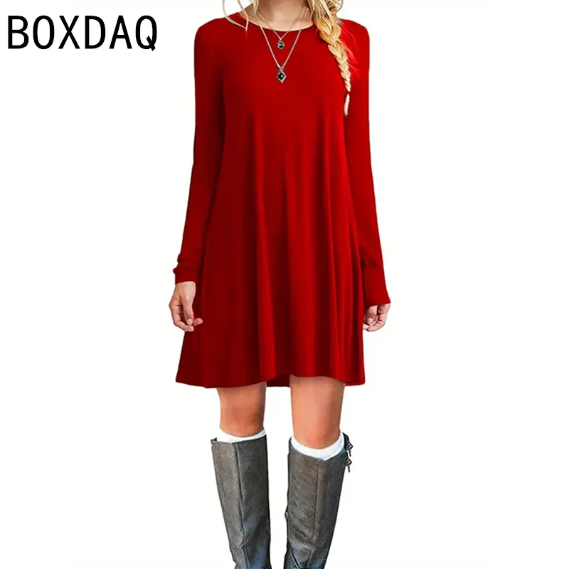 Women Solid Color Casual Dress Autumn Long Sleeve O-Neck A-Line Mini Dress Big Size Female Elegant Beach Dress Vestidos De Mujer