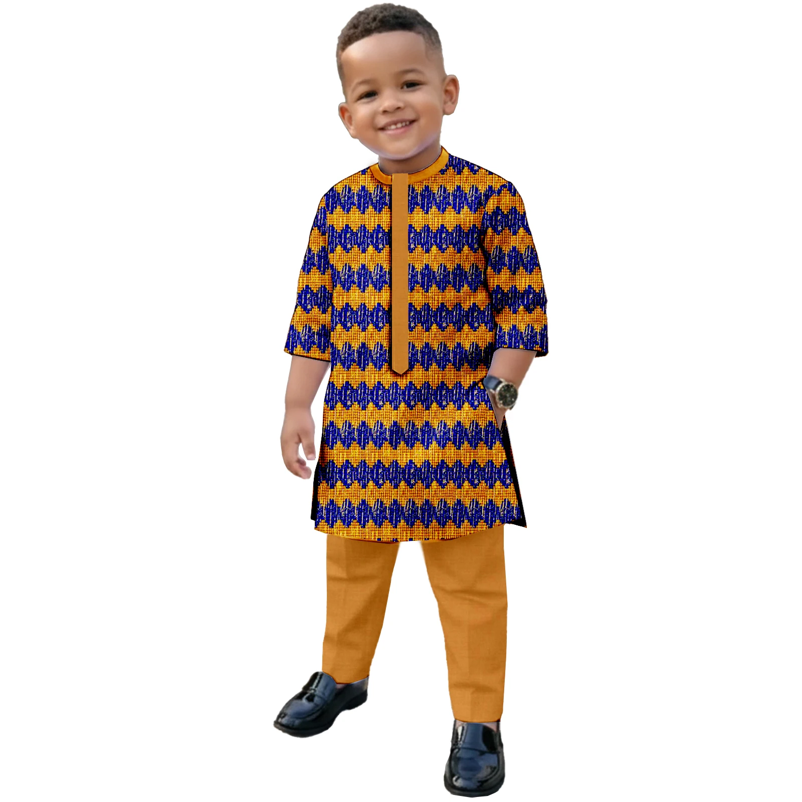 

African Boys Kente Print 2-Piece Outfit Traditional 3/4 Sleeve Mandarin Collar Tunic Pants Set For Festival