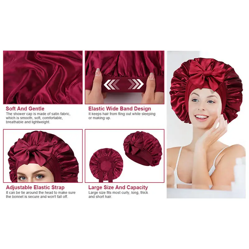 

Women Satin Bonnet Solid Sleeping Hat Stretchy Tie Band Elastic Night Shower Cap Adjustable Hair Head Cover Bonnet for Women