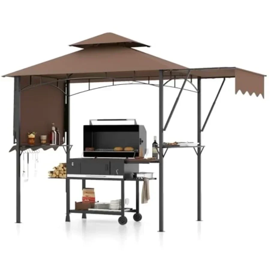 13x5 Ft Grill Gazebo with Dual Side Awnings 2-Tier Barbecue Gazebo with 2 Shelves 7 Hooks Adjustable  Outdoor Grill  for Backya