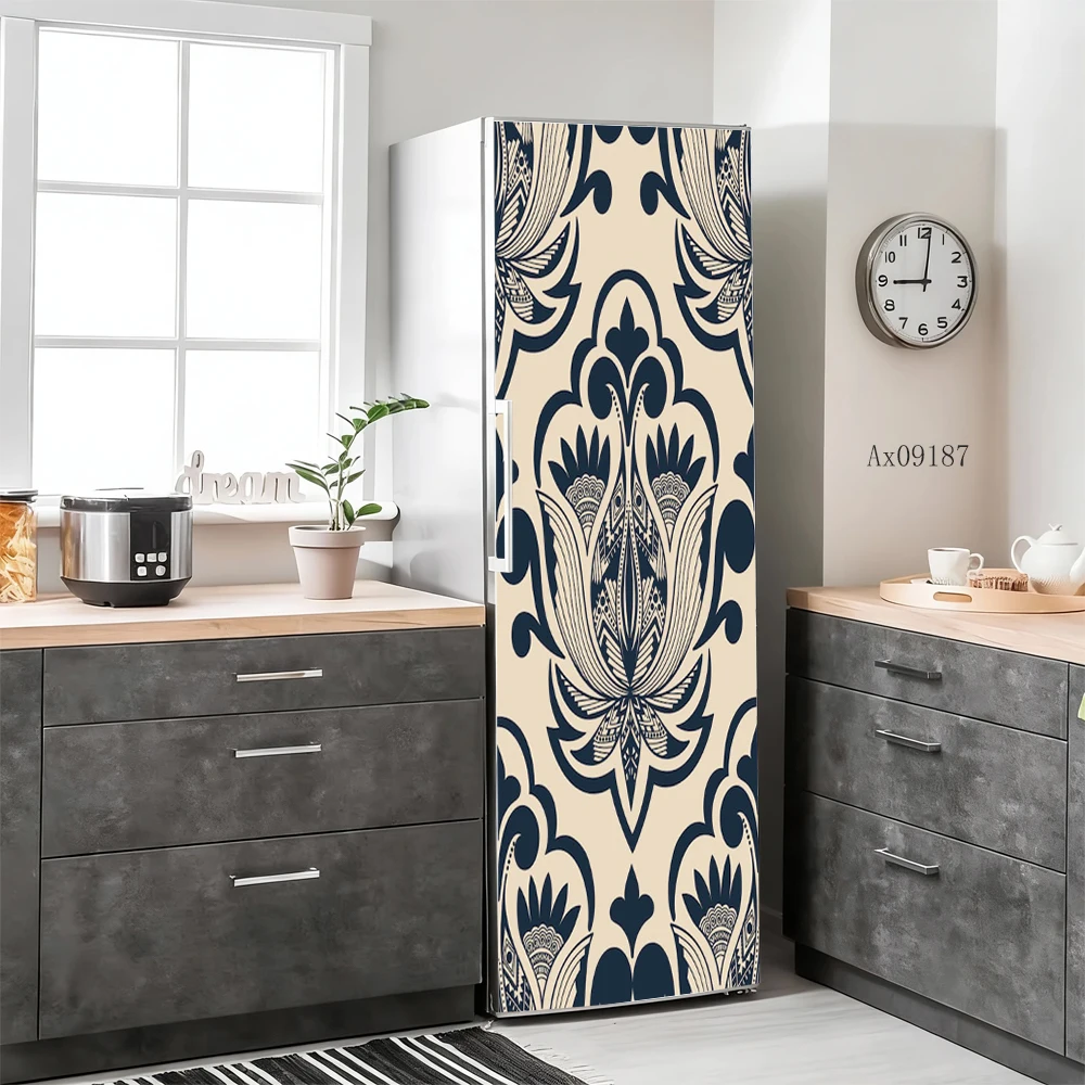 Ethnic Moroccan Tile Fridge Skin Self‑Adhesive DIY Home Kitchen Decor Sticker for Upright & Side‑by‑Side Fridge, Need Manual Cut