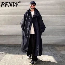 PFNW Menswear Autumn Winter Korean Silhouette Oversize Black Trench Fashionable Cotton Warm Hooded Windbreaker Jacket 12C1297