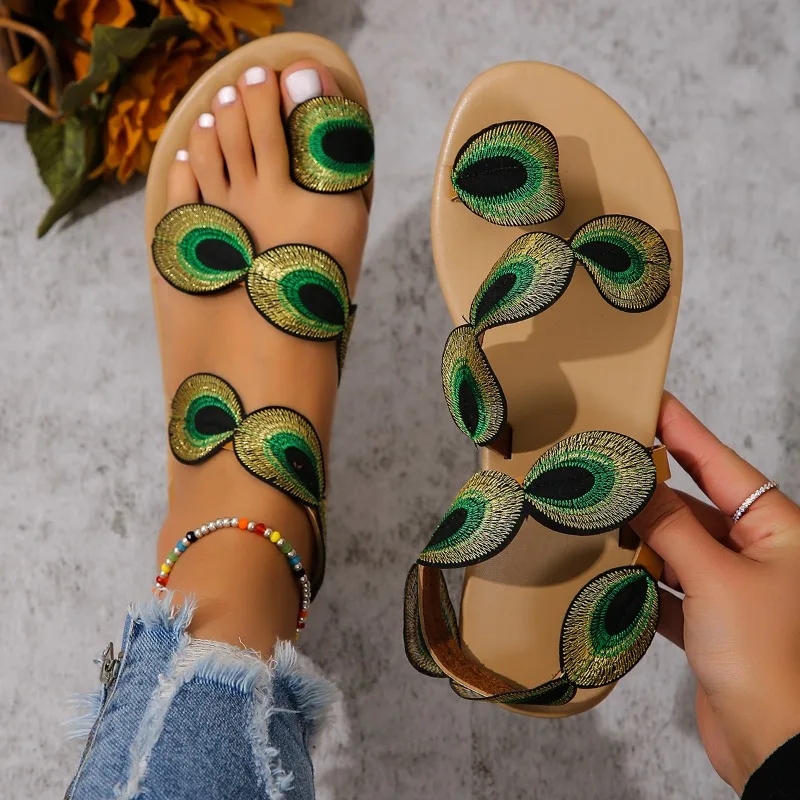 Fairy Style Flat Gold Thread Peacock Eye Hair Sandals Women\'s Shoes New Summer with Skirt Vacation Pullover Beach Shoes
