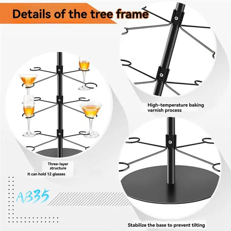 

AB35-Cocktail Tree Stand, Wine Glass Flight Tasting Display For Drinks, 3 Tier - 12 Holders For Champagne, Cocktails