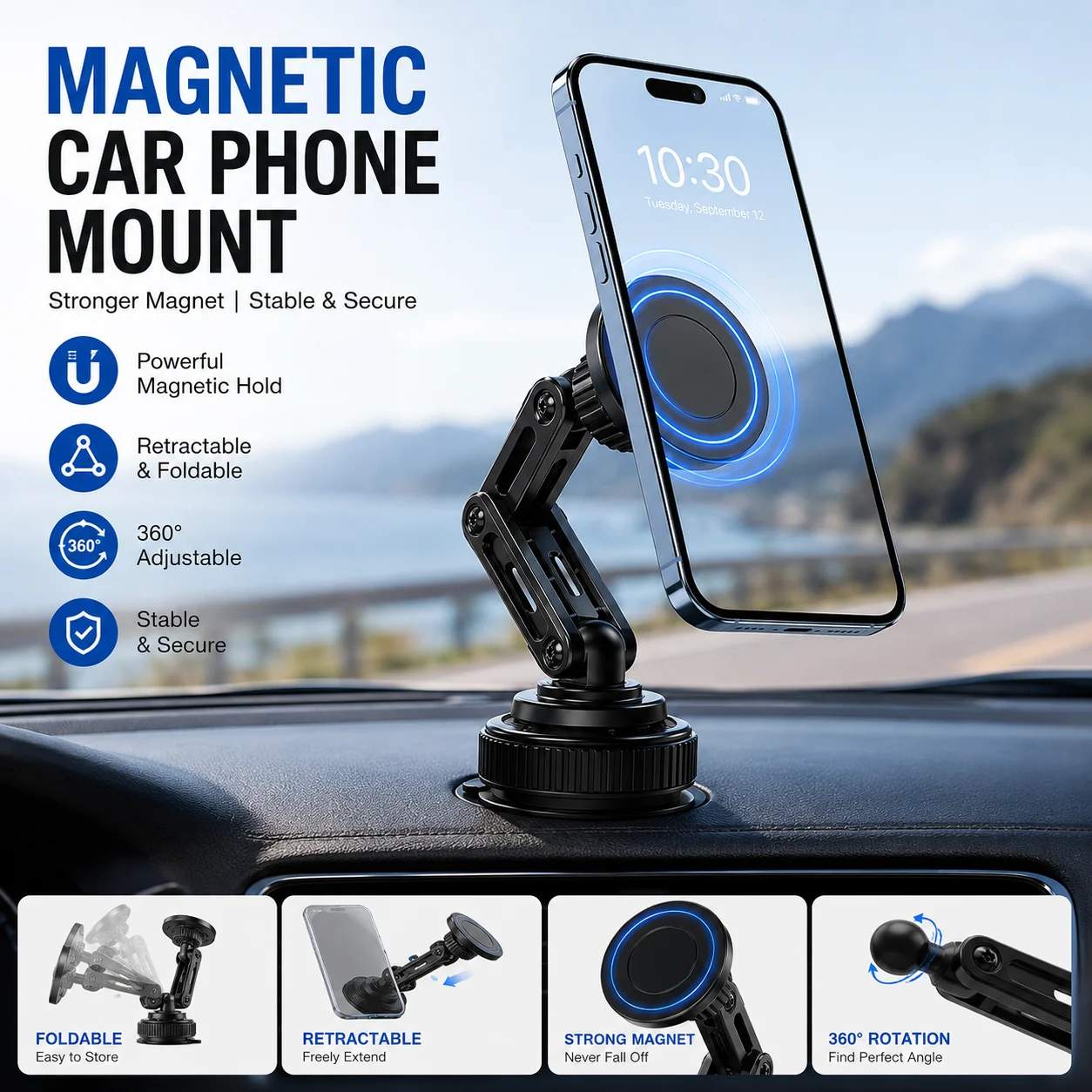 Magnetic Car Phone Holder Foldable Extensible Suction Cup Phone Mount 360 Rotation Dashboard Stand For iPhone Samsung