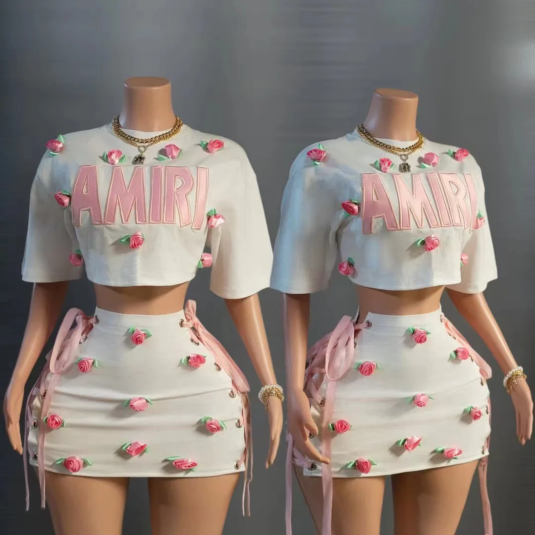 

American Sle Sweet Pure Desire 3D Pink Rose Decorated Crop Top And Skirt Set Casual Summer Faion Women's Two-Piece Set