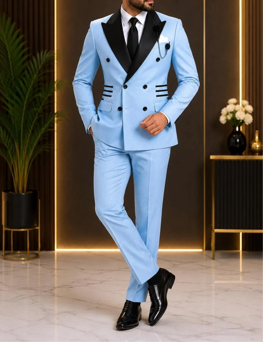 

Slim Fit Sky Blue Double Breasted Men Suit Black Satin Peak Lapel Formal Wedding Prom Blazer Pants