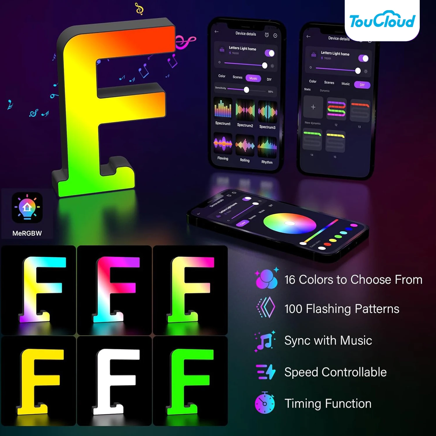 Alphabet Led Letter Light Colorful with Smart APP MeRGBW Music Sync Sign Light for Boy Girl Kids Gift Decor Night Light Letter F