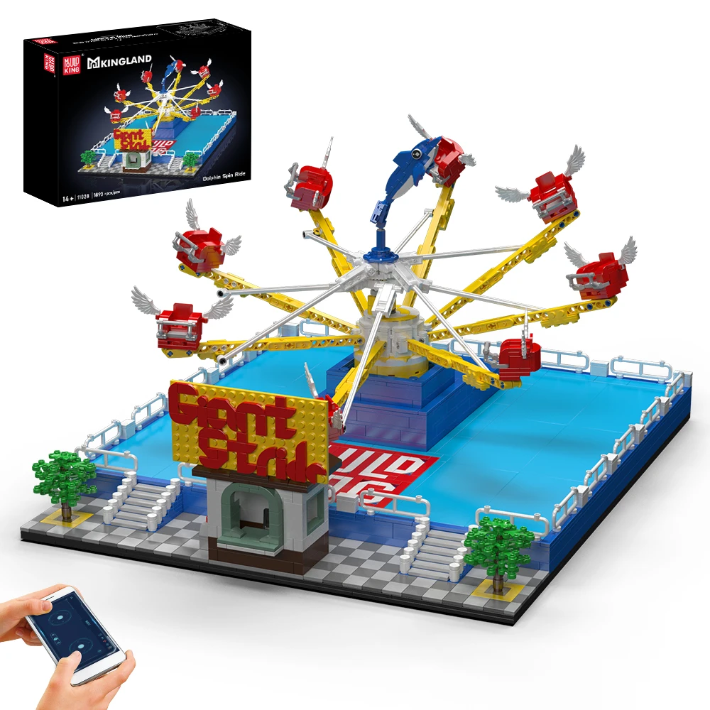 Mould King 11028 Vergnügungspark-Spielzeug: Der motorisierte Delfin-Karussell-Bausatz, Achterbahn-Bausteine, Weihnachtsgeschenk für Kinder