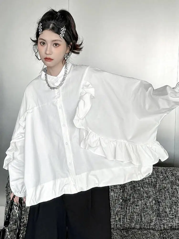 Women White Big Irregular Casual Blouse New Stand Collar Long Sleeve Loose Shirt Fashion Tide Spring Autumn