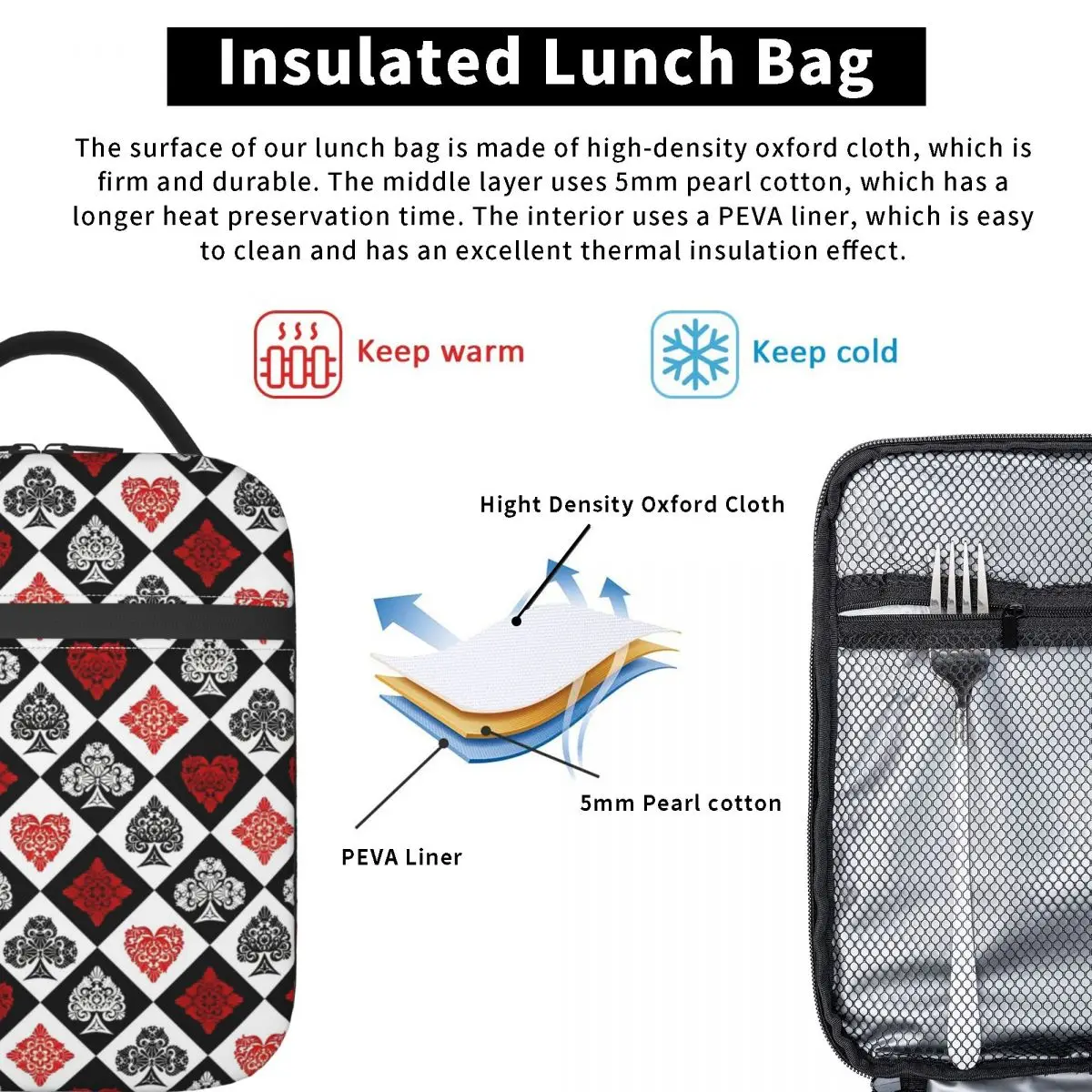 Saco térmico isolado do almoço, ternos do cartão, pôquer, vermelho, preto Recipiente De Refeição Portátil, Lancheira, Tote Bento Pouch, Praia, Viagem