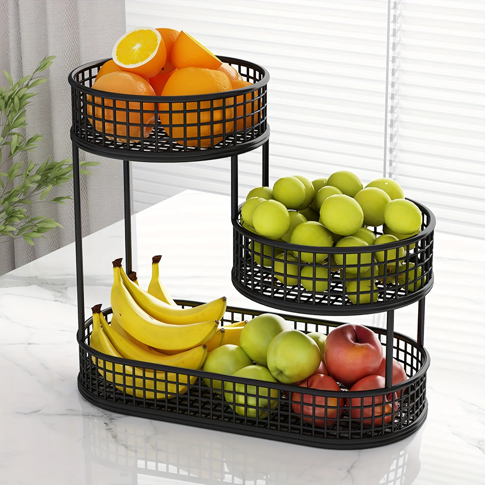

3-Tier Black Metal Fruit Basket with Cover Rust-Resistant Kitchen Storage for Fruits Vegetables