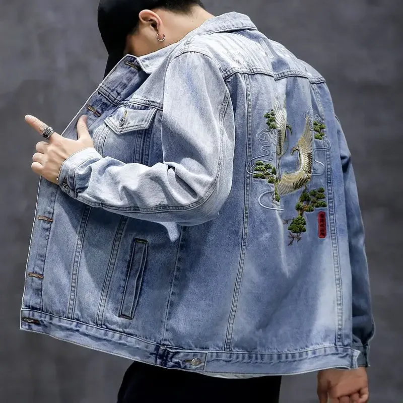 

Men's Denim Jacket with Embroidery Male Jean Coats Blue Original Autumn Menswear Y2k Fashion Washed Joker Cowboy Large Size L G