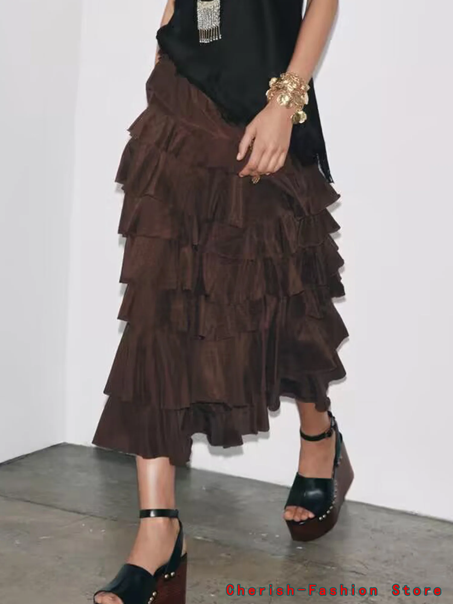 Nouvelle mode élégante solide jupes longues 2025 jupe de soirée couleur marron jupe Midi à volants femmes Vintage jupe à volants femme