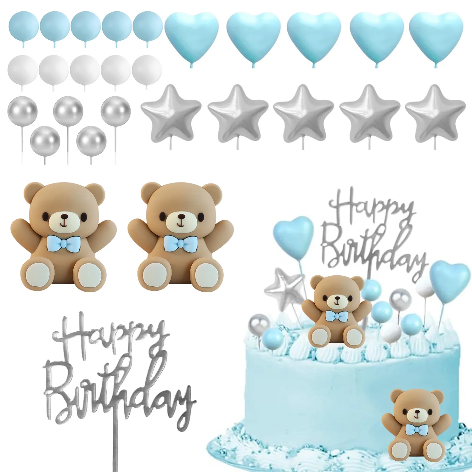 28 Stück blauer Bär, blaue Liebe, silberne Sterne, Geschlecht offenbaren Kuchen-Topper, Geburtstagsparty-Zubehör mit silberner blauer weißer Perlenkugel
