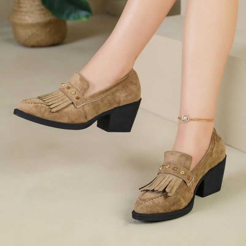 Women's Loafers Pointed Toe Chunky Block Mid Heel Suede-Look Fringe Metallic Studs Slip-On Dressy Office Work Classic Footwear