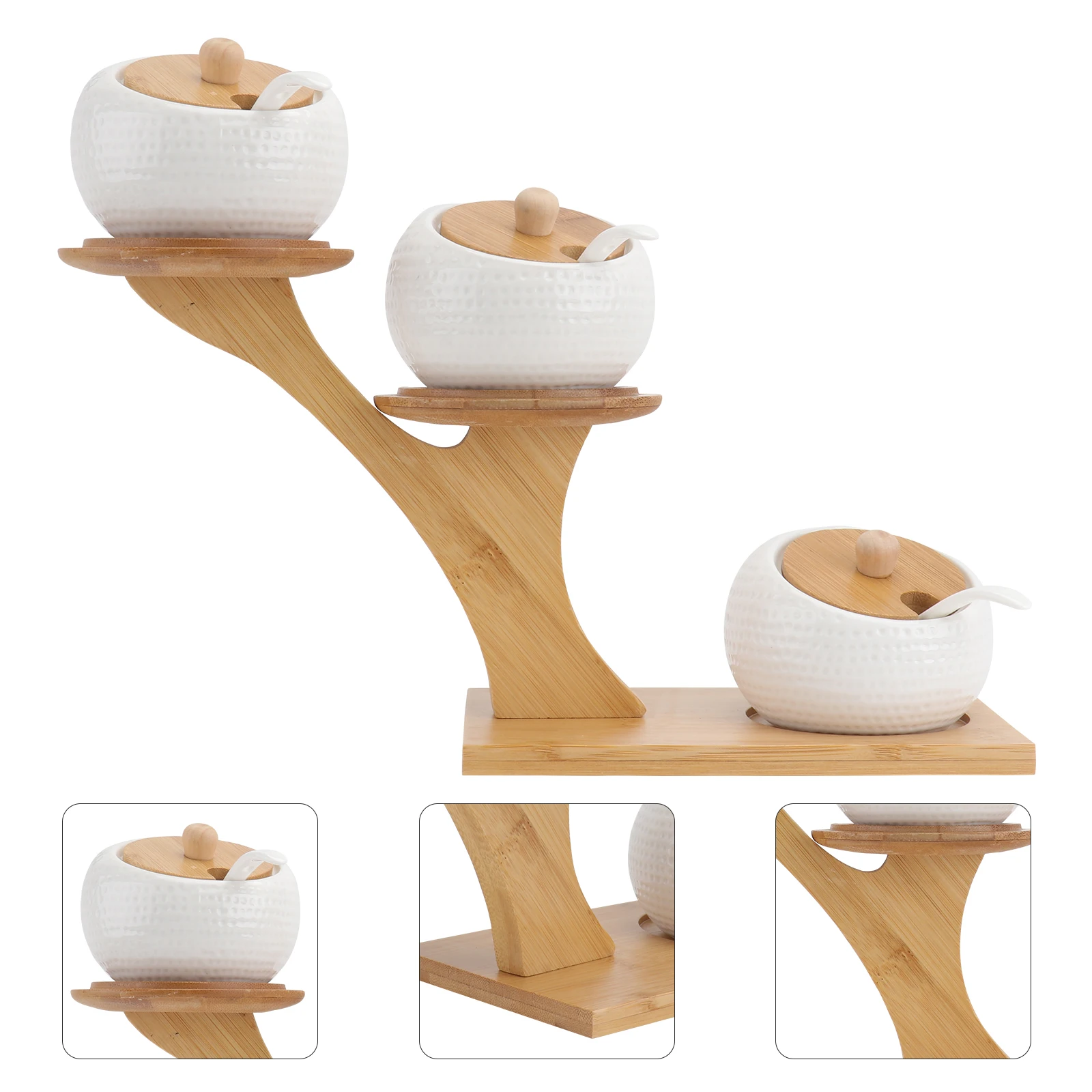 

1 Set Ceramic Seasoning Jars Set Spice Containers Kitchen Condiment Pots Wooden Base Heat Resistant Easy Clean For Home