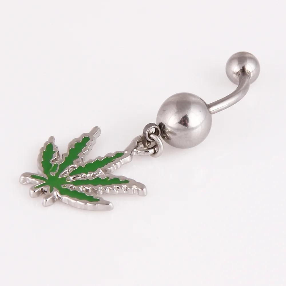 1PC Green Maple Leaf Belly Navel Ring Leaves Weed Dangle belly Button Body Piercing Jewelry Surgical steel Bar