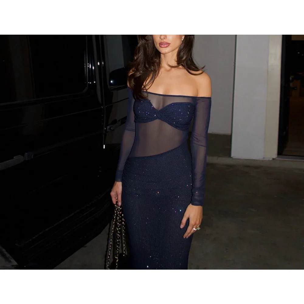 TWOTWINSTYLE 여성을위한 솔리드 스플 라이스 메쉬 드레스 슬래시 넥 긴 소매 높은 허리 슬리밍 드레스 여성 의류