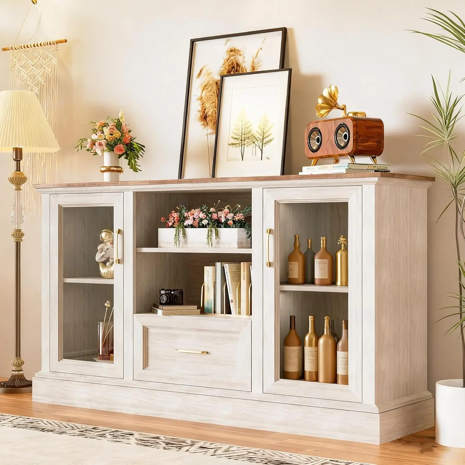 Mori Tall Credenza door open showing adjustable shelves