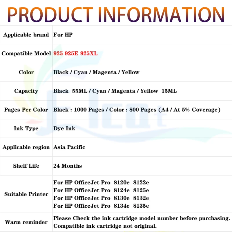 خرطوشة حبر 925XL 925 925E متوافقة مع طابعة HP Officejet Pro 8120e 8122e 8124e 8125e 8130e 8132e 8134e 8135e 8138e 8139e