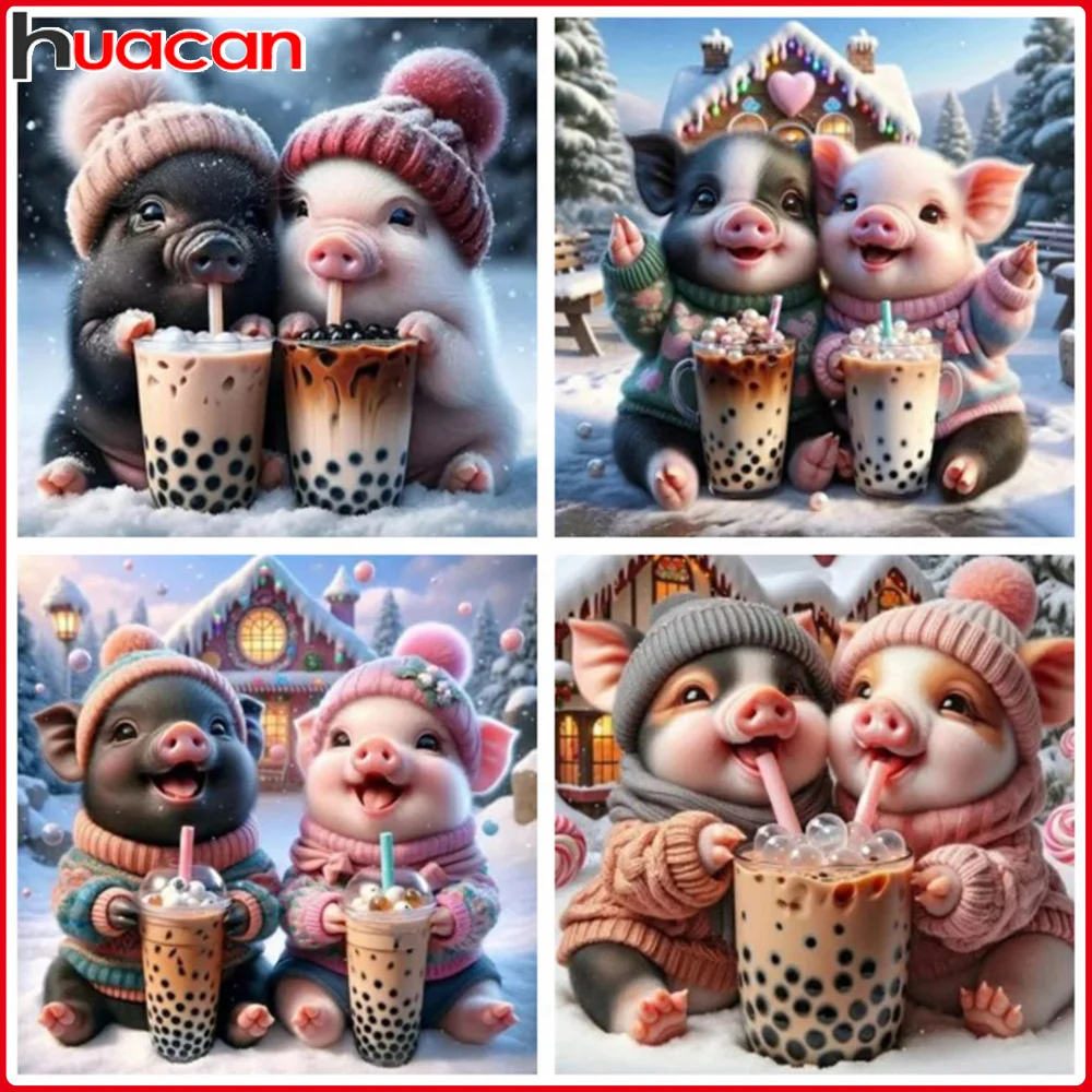 HUACAN Little Pig Diamond Painting Pearl Milk Tea Cute Animal Rhinestone Full Round Drill Handmade Craft