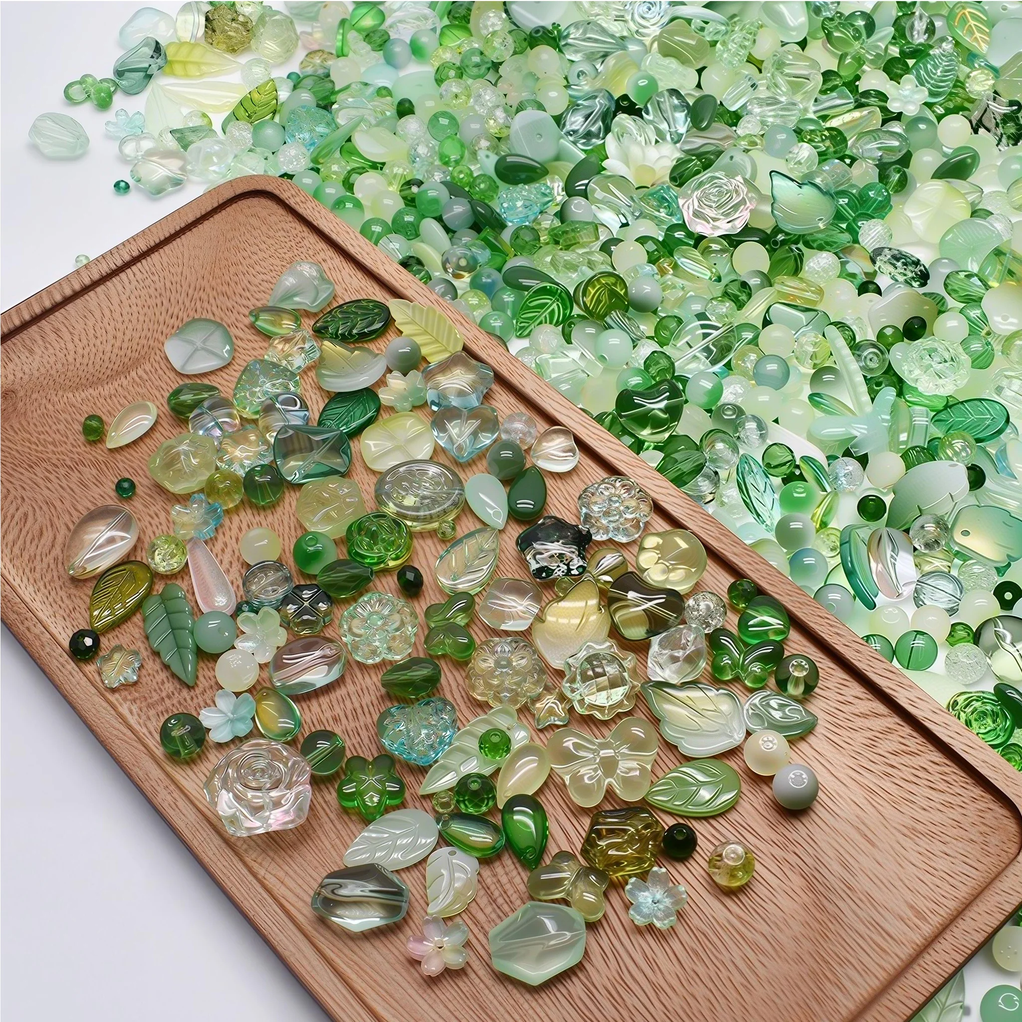 50g/bag About 65-85pcs Green Mixed Round Water Droplet Flower Star Heart Butterfly Leaf Glass Beads For Jewelry Making DIY