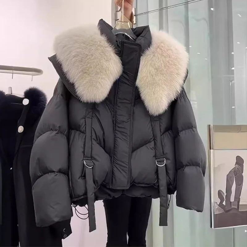 

Winter Puffer Faux Fur Jacket Women Thick Warm Coat Short Parkas Loose Down Tops Fluffy Warm Waterproof Black Korean Clothes