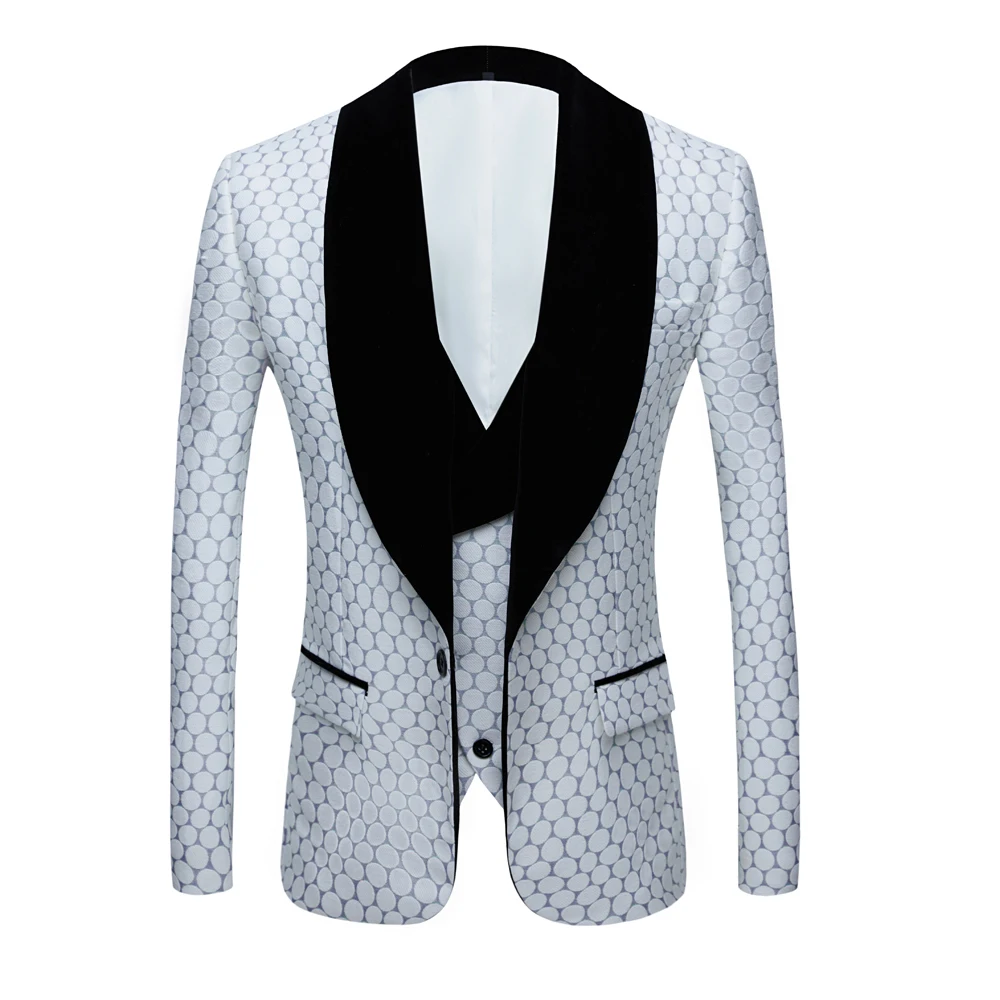 

New Men's Wedding Suit Two Pieces Dots Printed Slim Fit Notch Lapel Tuxedos Tailcoat Best Men Double Breasted Vest And Jacket