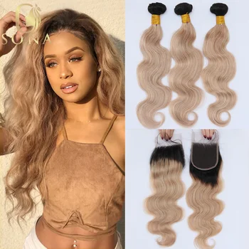 Miel Blonde Ombre 1B 27 paquets de cheveux humains avec fermeture HD dentelle blond cendré 3 paquets avec racines foncées