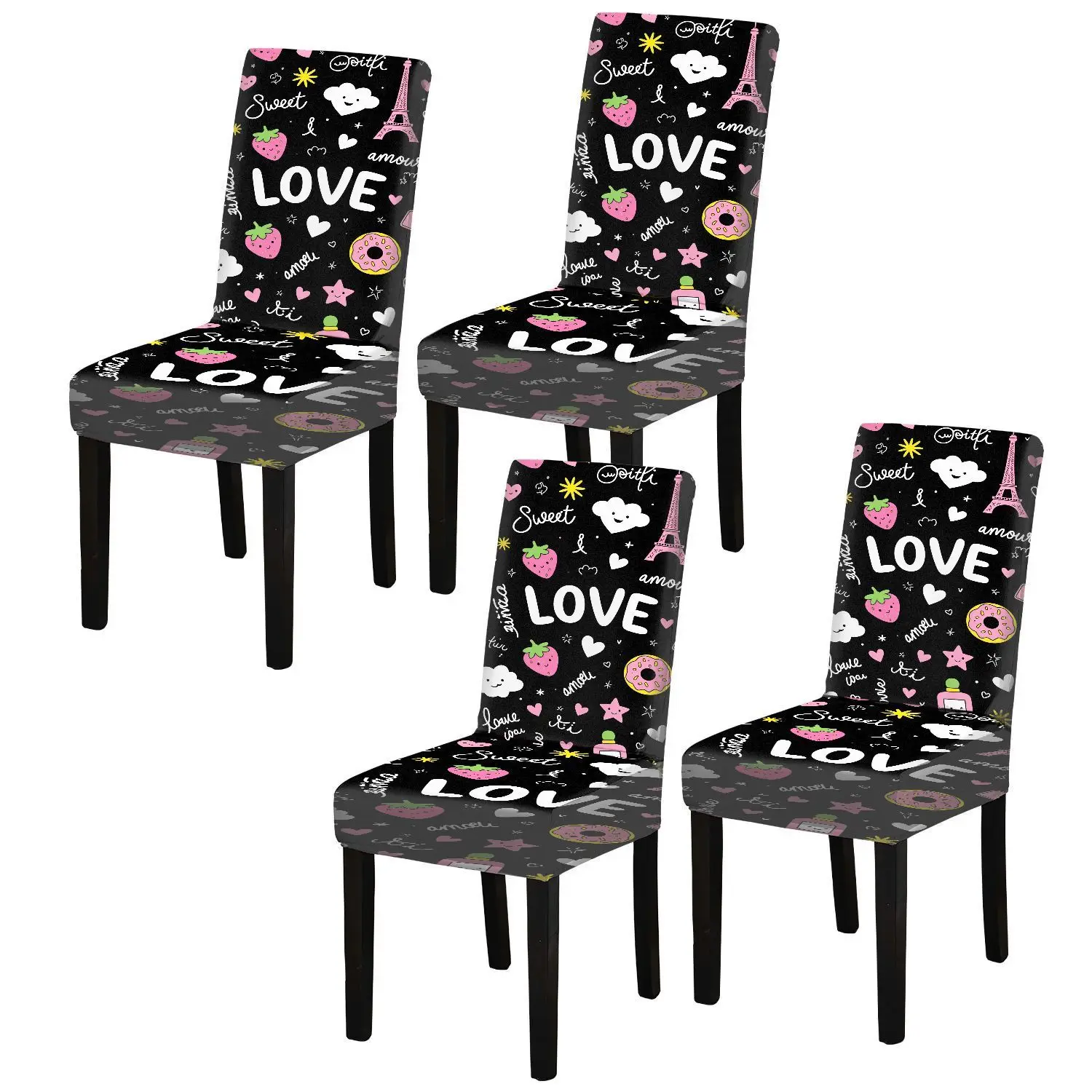 High elastic chair cover, Eiffel Tower SLAM DUNK illustration pattern, household removable dining chair cover