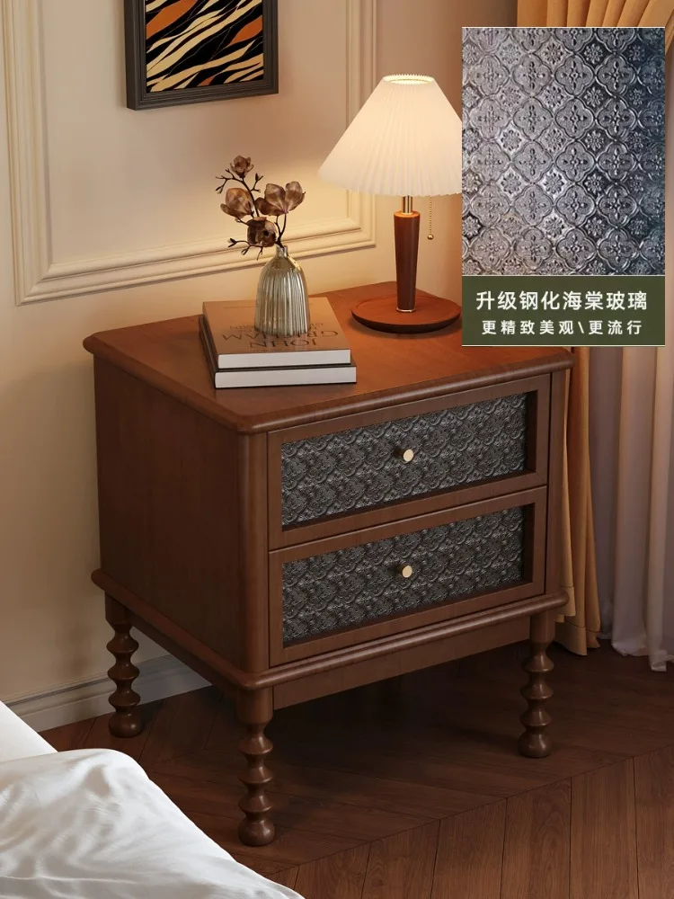 Vintage Nightstands Printed Glass Solid Wood Furniture Home Living Room Storage Cabinet Bedroom With Drawers Bedside Tables