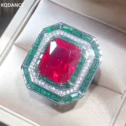 KQDANCE Large Rectangle Created 12*14mm Emerald Ruby Gemstone Diamond Rings With Big Green Red Stone Luxury Jewelry For Women