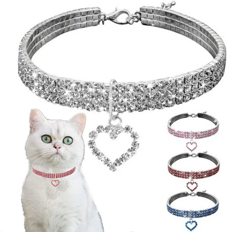 

New Dog Collar Three Row Elastic Rhinestone Pet Collars Love Decoration Necklace Puppy Kitten Cat Collar Ornament Pets Supplies