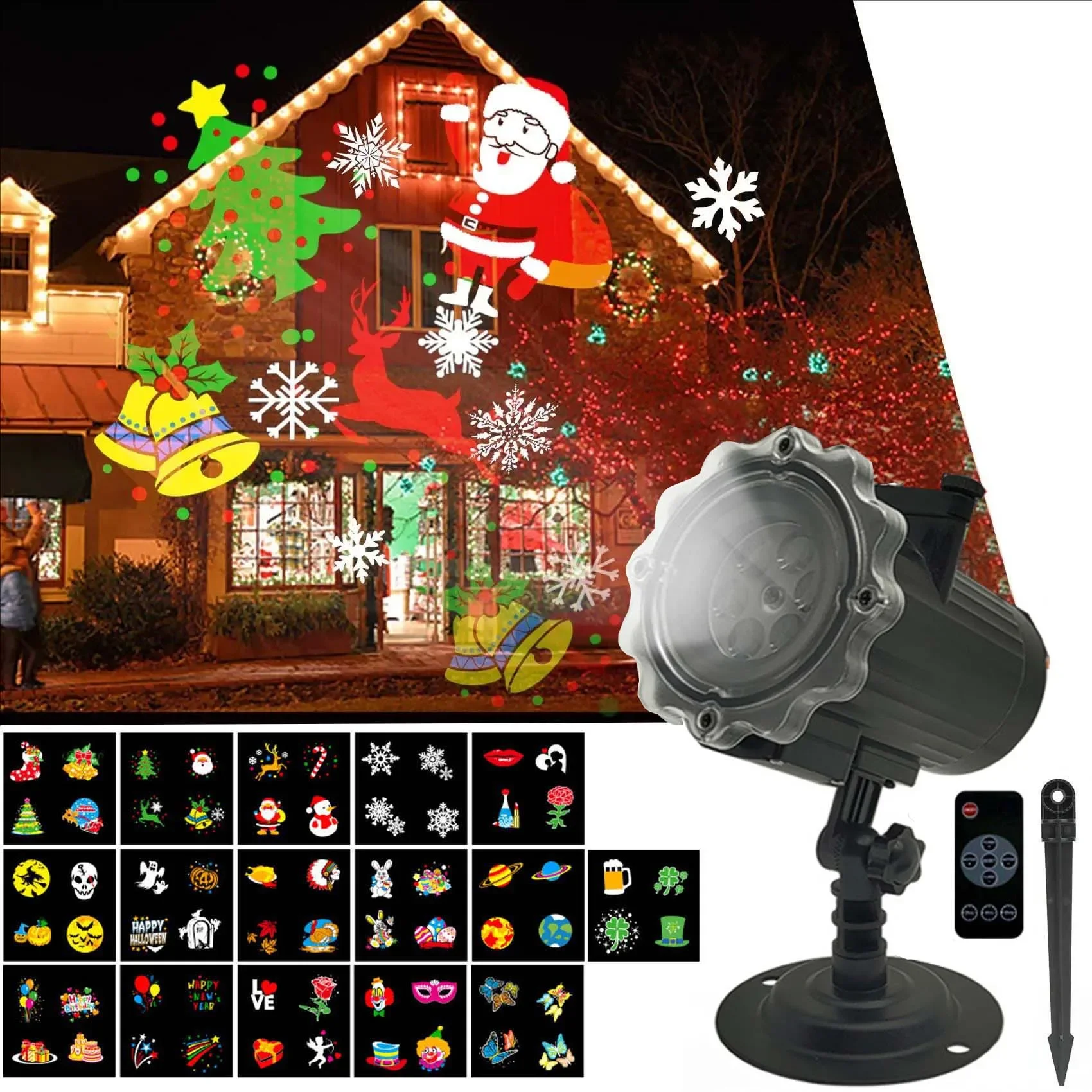 16 Slide Show Christmas LED Holiday Projector Outdoor 16 HD Moving Christmas Themes Projector Lights for House Garden Decor