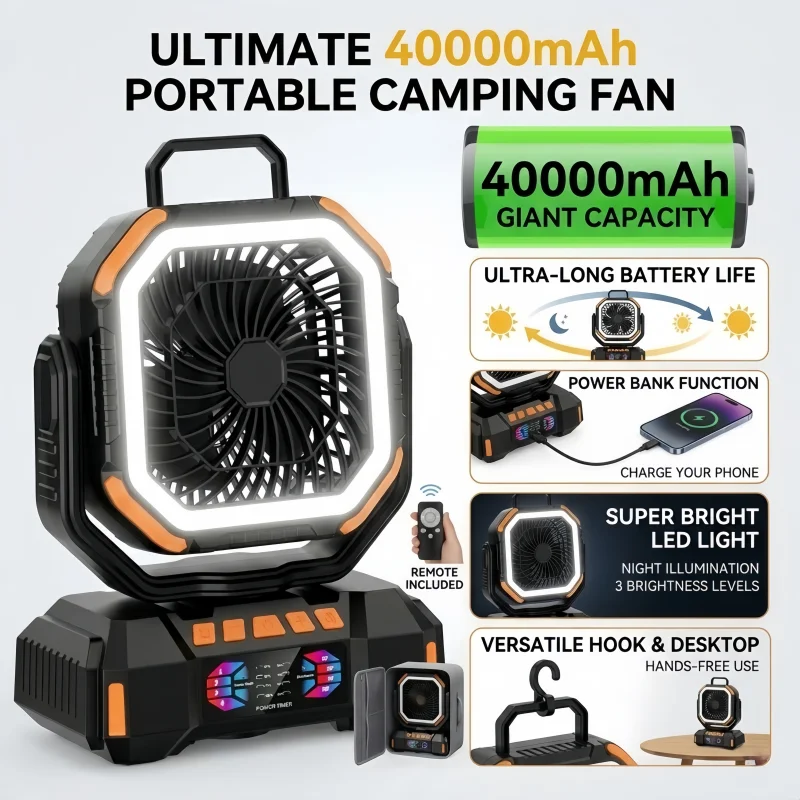 40000mAh Battery Operated Fan Portable Rechargeable Desk/Camping Fan with LED Light and Hook Outdoor Fan for Tent Car Trip