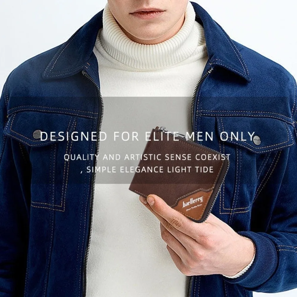

Leather Men's Short Wallet Zipper Card Bag English Letter Male Leather Purse Urban Recreational Style ID Badge Holder